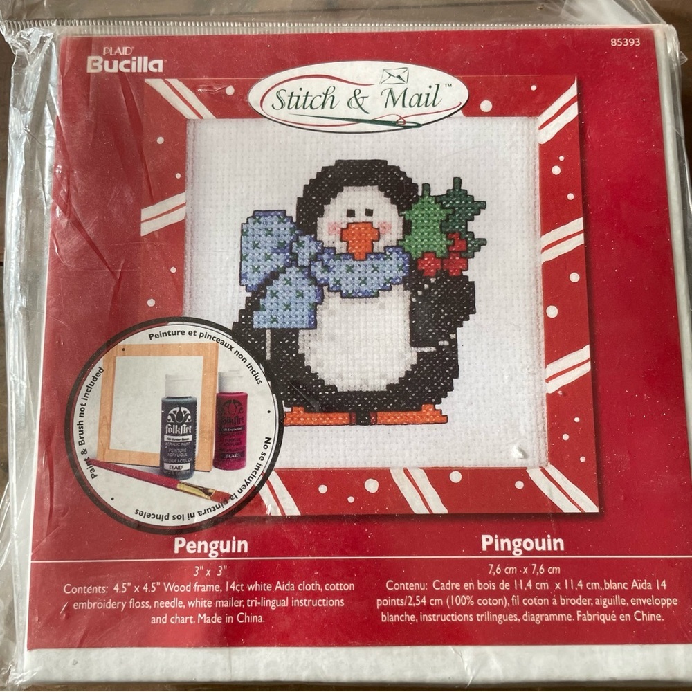 Plaid Bucilla Cross Stitch & Mail Kit Holiday Christmas Penguin #85393